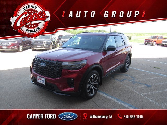 2025 Ford Explorer ST-Line in Rapid Red Metallic Tinted Clearcoat — front three-quarter view