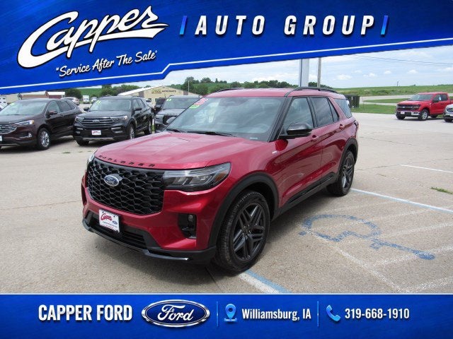 2026 Ford Explorer ST-Line in Rapid Red Metallic Tinted Clearcoat — front three-quarter view